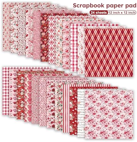 Red Valentine Scrapbook Paper Pad, 24 Sheets Heart Pattern Aesthetics Double Sided Print Floral DIY Crafts Collage Decoration for Photo Album Journals Card Folded Gift Wrapping Supplies