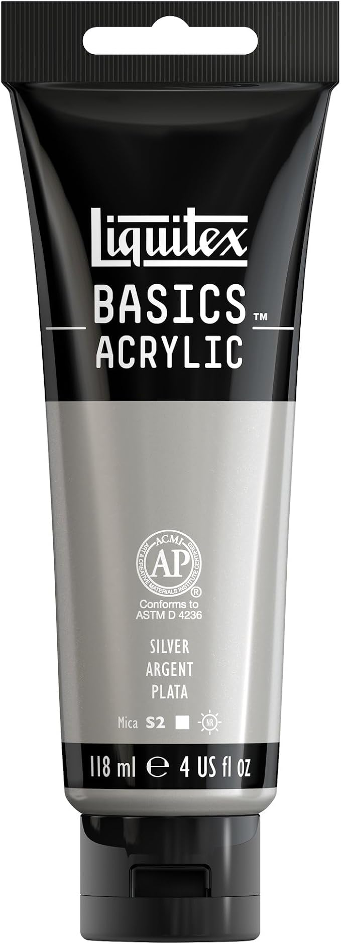 Liquitex BASICS Acrylic Paint, 4-oz Tube, Silver | Medium Viscosity, Satin Finish, Lightfast, Fine Art Pigments, Range of Opacities, Easy Blending