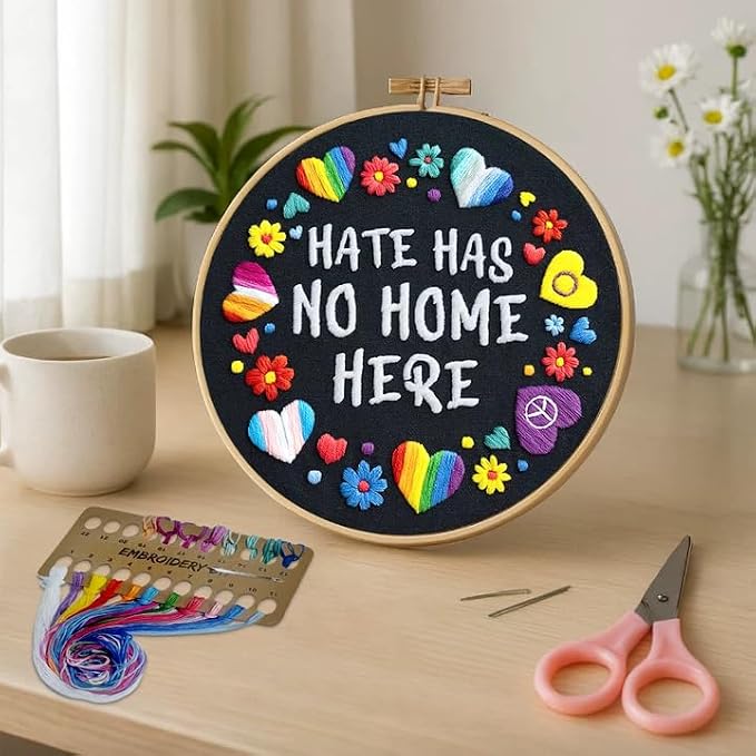 Nuberlic Embroidery Kit for Beginners - LGBT Love Pattern Adults Starter Cross Stitch Kit DIY Needlepoint with Hoop, Pre-Printed Fabric, Threads & Step-by-Step Guide