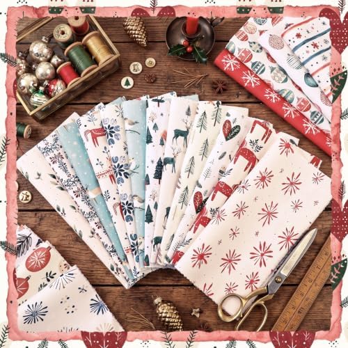 HunnmingRe 20 Pcs 10''x10'' Nordic Christmas Quilting Fabric Square Hygge Christmas Precuts Quilted Fabric Bundle Reindeer Dala Horse Snowflake Printed Sewing Material for Winter Patchwork DIY Craft