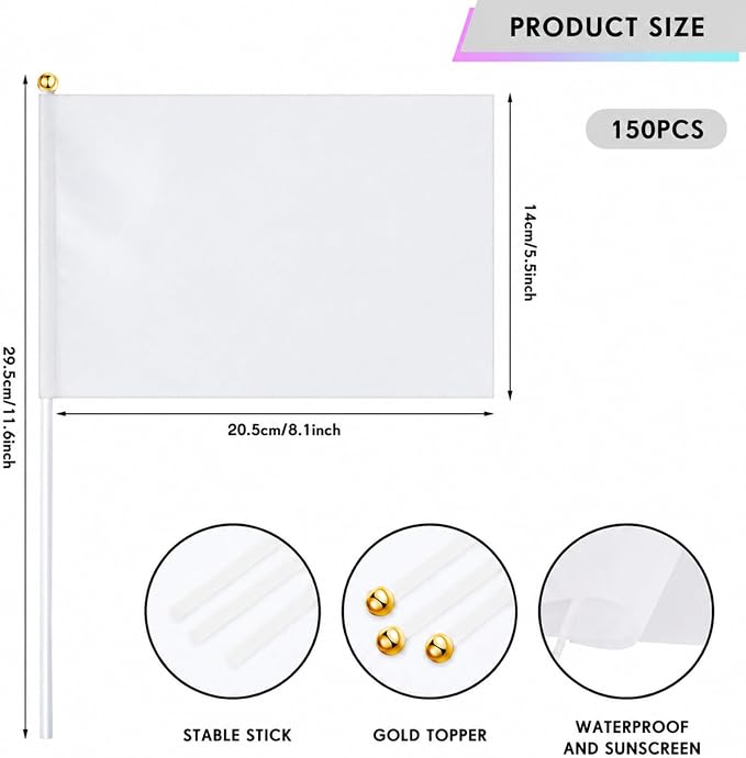 Remerry 150 Pcs Blank Sublimation Flags on Stick, Mini White DIY Flags