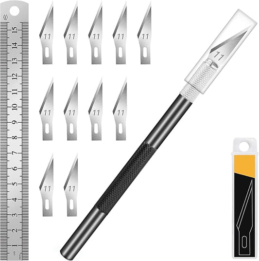 DIYSELF Precision Hobby Knife with 10 Extra #11 Blades, 6-Inch Metal Ruler | Exacto Knife Kit with Steel Ruler for Crafting, Polymer Clay, Paper, Vinyl & Model Projects, Crafters & Modelers, Black