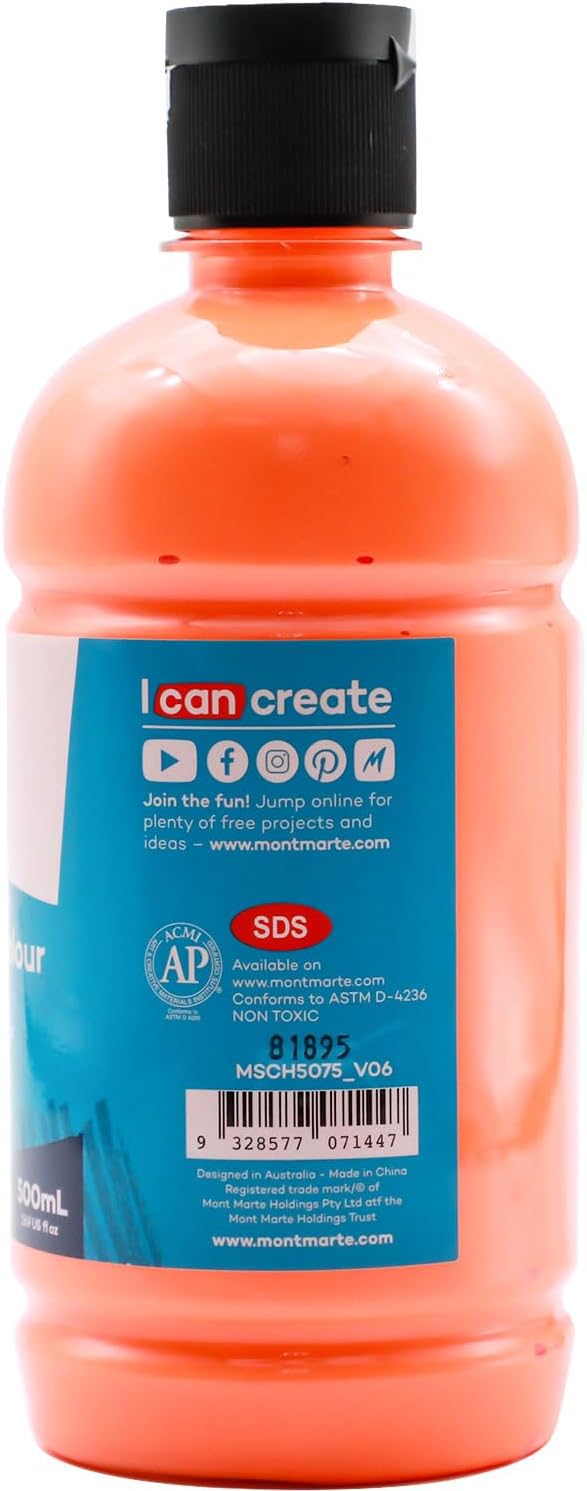 Mont Marte Signature Fluoro Orange Acrylic Paint, 16.9oz (500ml), Semi-Matte Finish, 12 Colors, Suitable for Canvas, Wood, Fabric, Leather, Cardboard, Paper, MDF and Crafts