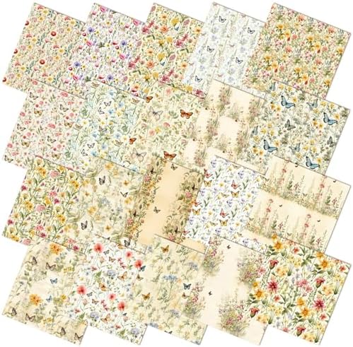 HunnmingRe 20 Pcs 10''x10'' Yellow Wildflower Quilting Fabric Square Romantic Wildflower Butterfly Quilted Fabric Bundle Spring Floral Precut Printed Patchwork Supplies for Summer DIY Sewing Craft