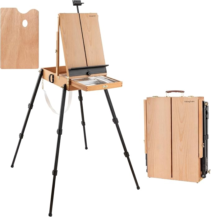 Falling in Art 4 Legs Portable Beechwood French Easel, Natural | Plein Air Easel with Bigger Storage Drawer, Full Size Sketchbox Travel Easel for Painting, Drawing, Artwork