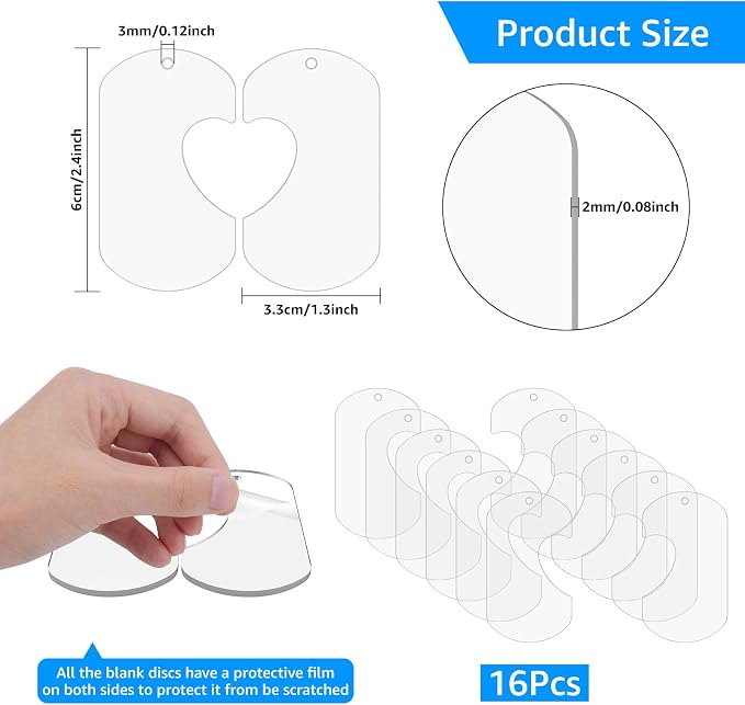 16Pcs Acrylic Keychain Blanks Clear Key Chain Blanks Acrylic Ornaments Bulk Heart Matching Keychains Blanks with Holes for DIY Crafts Couple Gift for Women Man Christmas Valentine Birthday Anniversary