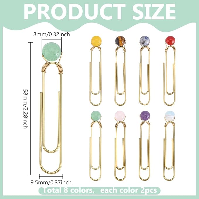 PH PandaHall 16pcs 8 Styles Paper Clips Bookmark Clamp for Back to School, 2" Large Size Paperclip with Natural Stone Planner Clip Metal Book Tag for Teacher Students Stationery Notebook Accessories