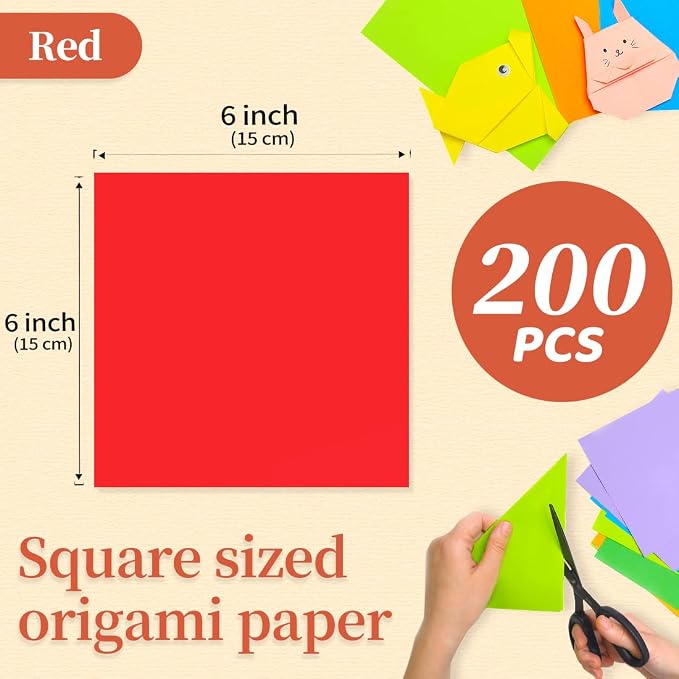 IOOLEEM Origami Paper, 200 Sheets, Red Origami Paper, 6 Inch Square, Double Sided Colored Paper for Crafts DIY Party & Decoration