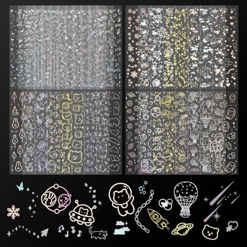 36 Sheets Kpop Holographic Decorative Laser Stickers - Glitter Photocard Stickers with Heart, Butterfly, Bubbles Designs for Arts, Crafts & Photocards