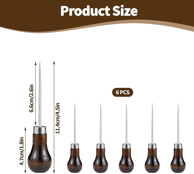 6 PCS Awl Tool Gourd Shape Wooden Handle, Durable Scratch Awl Tool for Leather Craft, Pin Punching, Hole Making, DIY Handmade Projects