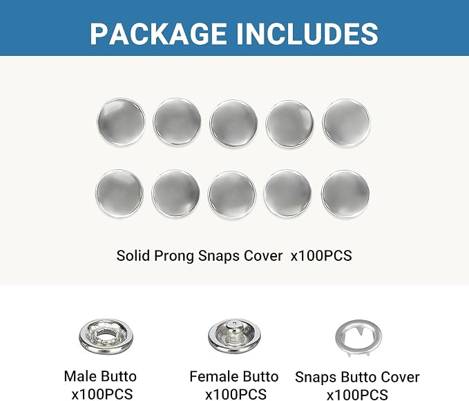 100 Sets Metal Snap Buttons, Sterling Silver Solid Sewing Snaps for Fabric, Prong Snap Button Kits for DIY Crafting Clothing Sewing (9.5mm / 400 PCS)