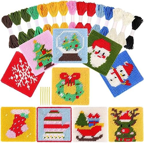 Pllieay Christmas 10-in-1 Cross Stitch Beginner Kit for Kids, Includes Instruction of 10 Different Patterns, 10 Printed Plastic canvases for Needlework, Needlepoint Starter Sewing Set