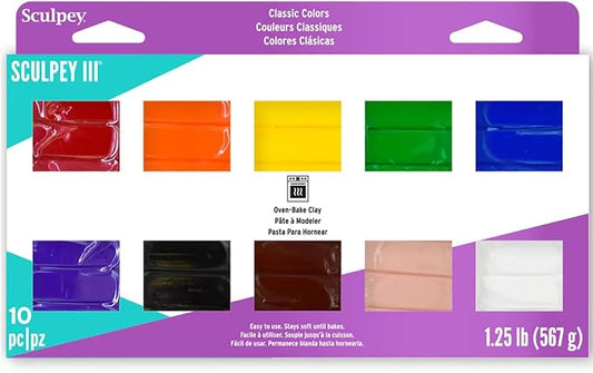 Sculpey III Polymer Clay Set - 10 Colors Oven-Bake Modeling Clay, 1oz Bars | Soft non-toxic sculpting clay for jewelry, home decor and kids crafts. Includes 10 vibrant bars that stay soft until baked