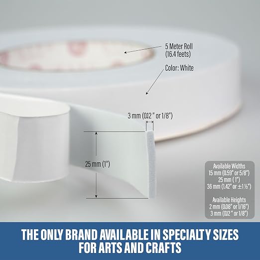 Double Sided Tape for Crafts, 3mm Thick Foam Adhesive Tape for Scrapbooking, Journals & DIY Projects, Strong Double Stick Tape for Card Making, Photos, Paper Projects 0.98in X 16.4 ft (25mm X 5m)