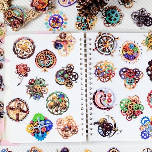 56PCS Steampunk Gear Stickers Pack – Vintage Mechanical Gears, Clockwork Designs, Transparent Vinyl Decals for Scrapbook, Journal, Laptop, Planner, DIY Craft, and Gear Art Lovers