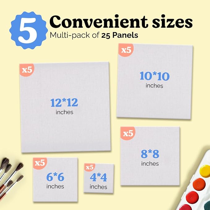 Chalkola Paint Canvases for Painting Multipack - 25 Pack Square Canvas Panels - 4x4, 6x6, 8x8, 10x10, 12x12 inch (5 Each) - 100% Cotton, Primed, Acid Free Art Canvas Boards for Painting | Square Boards - 4x4, 6x6, 8x8, 10x10, 12x12 inch (5 Each) - 100%...