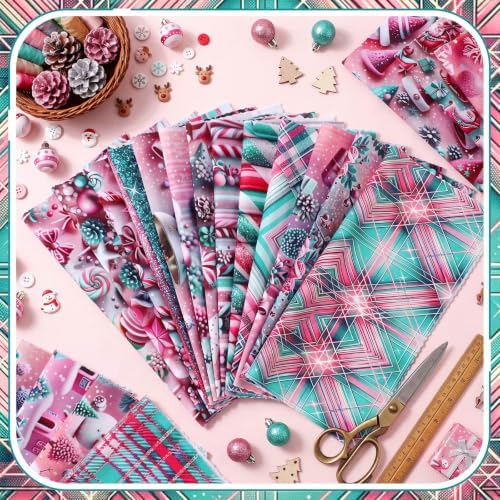HunnmingRe 20 Pcs 10''x10'' Pink Teal Christmas Quilting Fabric Squares