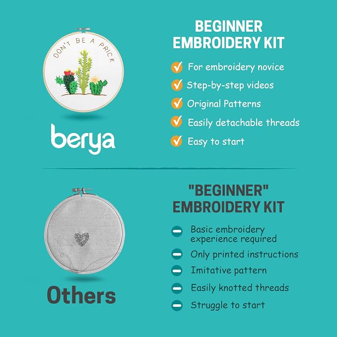 BERYA Cactus Embroidery Kit Including Video Step by Step Instructions Embroidery Hoop,Color Threads and Embroidery Scissors for Beginners-Handmade Needlepoint Kits for Adults