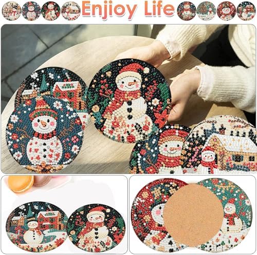 ijbnhd 8 PCS Diamond Art Coasters, Christmas Snowman Cork Wooden Pad