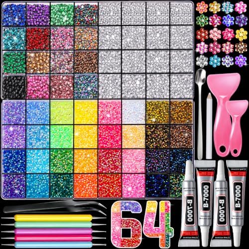 YGDZ 64 Grids Bedazzling Kit, 40000Pcs Jelly Resin Rhinestones for Diamond Art, Silver Flatback Gems, Bedazzled Kits with B7000 Jewelry Glue, Bedazzling Tool, Nail Charms, for Nail Art, Crafts, DIY