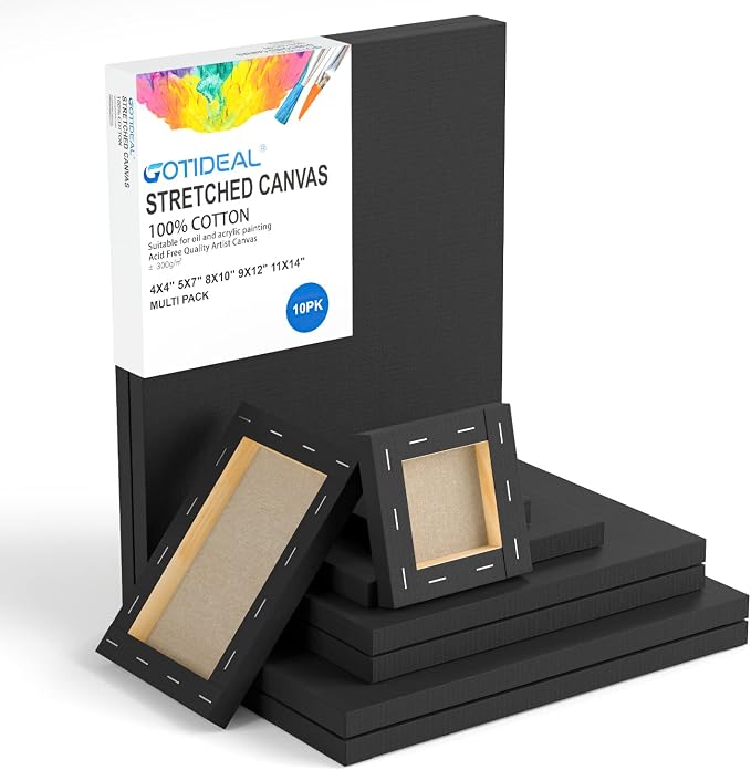 GOTIDEAL 10Pcs Black Canvases, Multi Pack 4x4, 5x7, 8x10, 9x12, 11x14 | Stretched Canvases, Set of 10, Primed 100% Cotton, Artist Blank Canvas Boards for Painting, Acrylic Pouring, Oil Paint Art