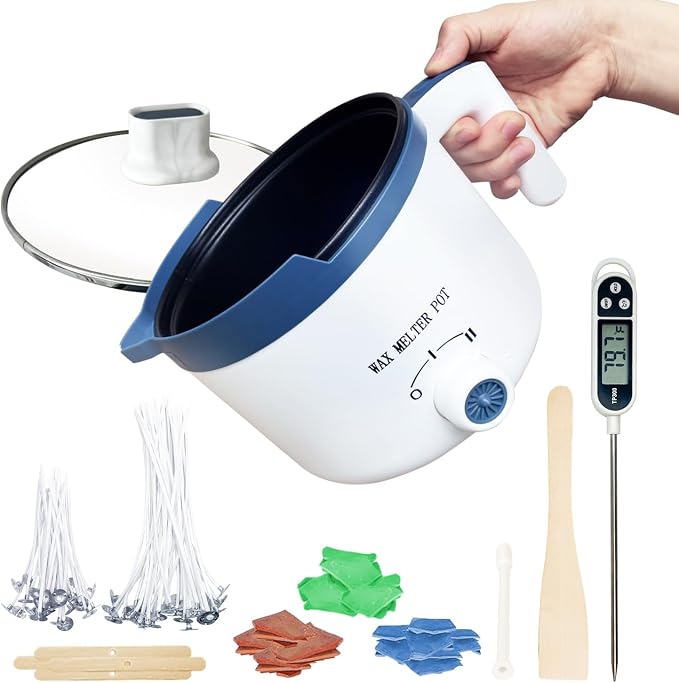 Ksedcon Wax Melting Pot Kit with Thermometer, Wicks and 3 Candle Dye Colors | Electric Wax Melter with Pour Spout, Small Candle Maker to Make Your Own Candles