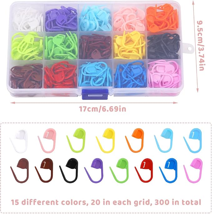 LUNARM 300Pcs Stitch Markers 15 Color Crochet Stitch Markers for Crocheting