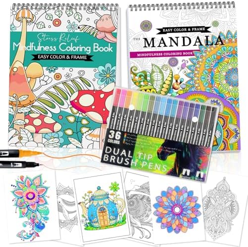 2Pcs Adult Coloring Books Set for Women Relaxation with 36 Colors Markers