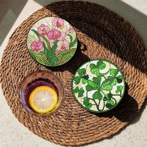 CRZMODE 8 Pcs Stained Glass Flower Diamond Art Coasters Kits, Diamond Painting Coasters