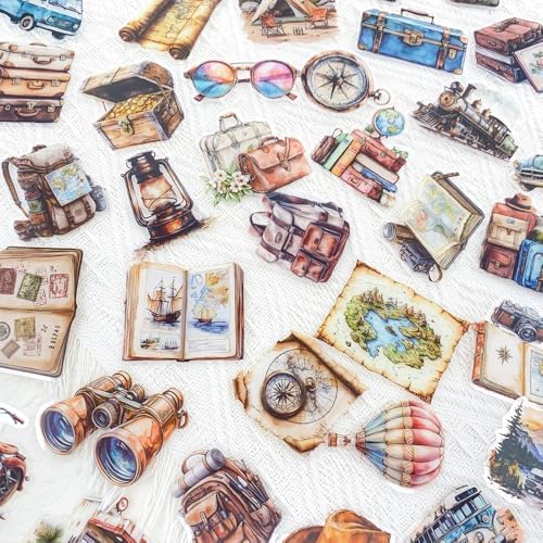 50PCS Vintage Travel Adventure Clear Scrapbook Stickers – Retro Outdoor Expedition Aesthetic, Waterproof Decorative Antique Decals for Journaling, Luggage, Laptop, Art Ablum Supplies