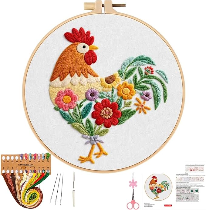 Herdiese Embroidery Kit for Beginners & Adults, Rooster Flower Cross Stitch | Stamped Cross Stitch Kit Including Fabric, Hoop, Threads, Needles & Instructions, Complete DIY Hand Sewing Craft Set