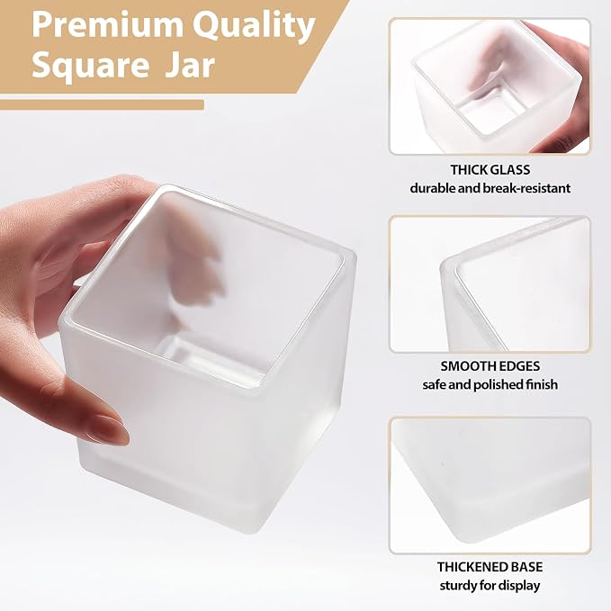 CONNOO 12 Pack 9oz Frosted Glass Square Candle Jars with Bamboo Lids