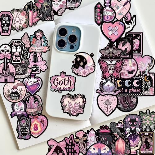 Pastel Horror 50 Pcs, Goth Pink Aesthetic Witchy Stickers for Adults Teens, Skull Crystal Waterproof