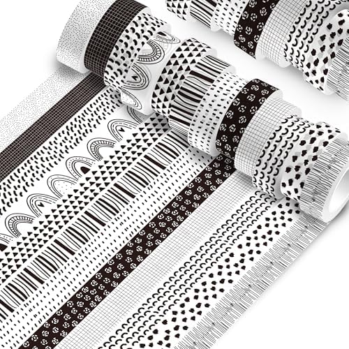 12 Rolls Black and White Rainbow Washi Tape Set Bohemian Themed Decorative Masking Tape for DIY Crafts, Scrapbooking & Gift Wrapping