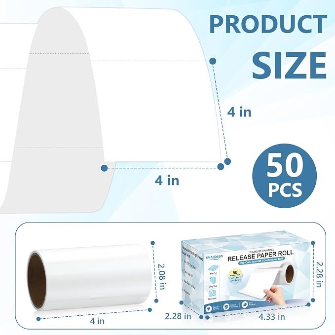 50 Pcs Pre-Cut Diamond Art Release Paper Roll 4" x 4" Double-Sided Non-Stick Release Paper for Diamond Art Painting 4" x 4" Replacement Cover Sheets with Box for Diamond Painting Accessories Tools