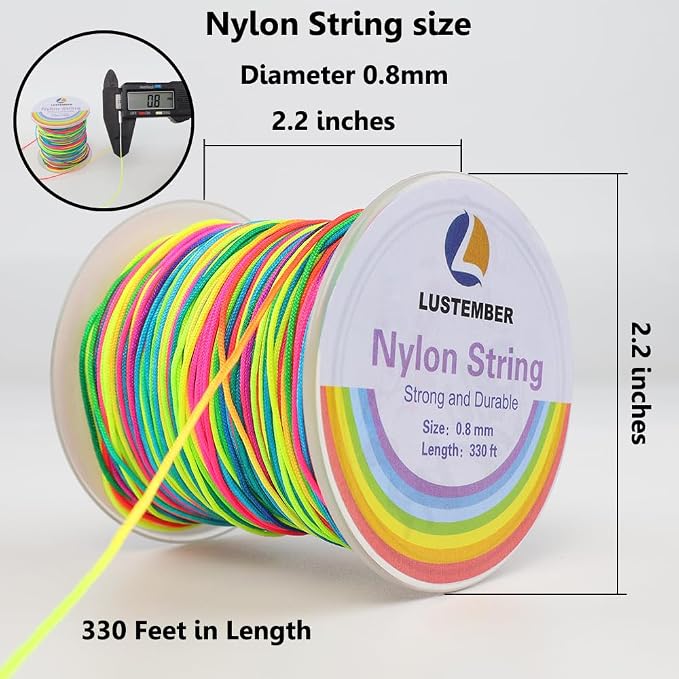 LUSTEMBER 0.8mm Nylon String, Strong Bracelet String, Durable Nylon Cord for Jewelry Making, Bracelets, Beading, Necklaces, Rattail Braiding, Kumihimo, Wind Chimes, Blinds and Handicrafts