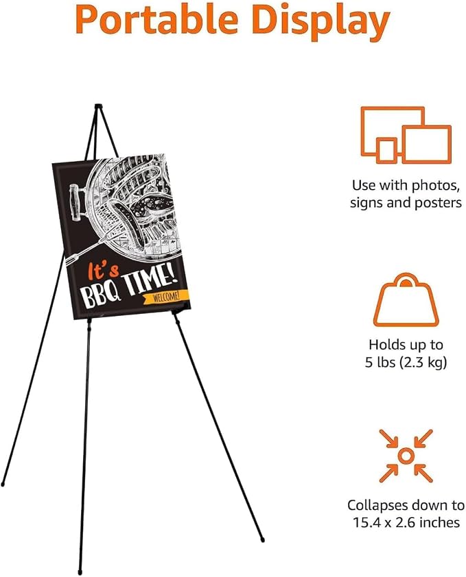 Amazon Basics Easel Display Stand, Instant Floor Poster, Lightweight, Collapsible and Portable with Tripod Base, Black Steel (Supports 5 pounds) (Pack of 2)