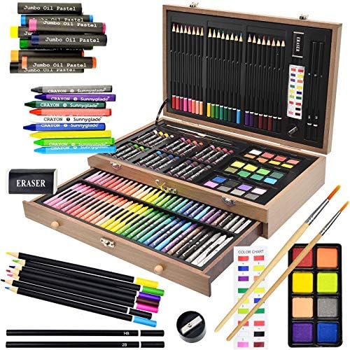Sunnyglade 145 Piece Deluxe Art Set Wooden Art Box & Drawing Kit Tan