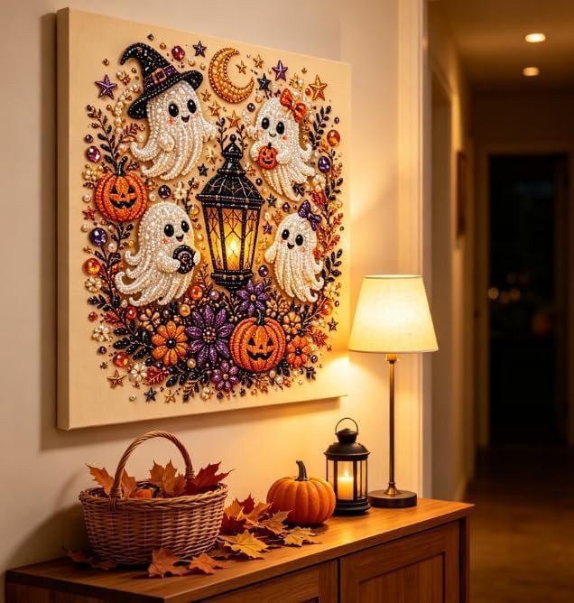 Halloween Ghost Pearl Art DIY Kit, Pearl Painting Kits for Adults, Pearls Diamond Art, Spooky-Cute Design, Fall Home Decor, Wall Art, Adults Craft Kit, 3D DIY Pearl Painting (Pumpkin Cat)