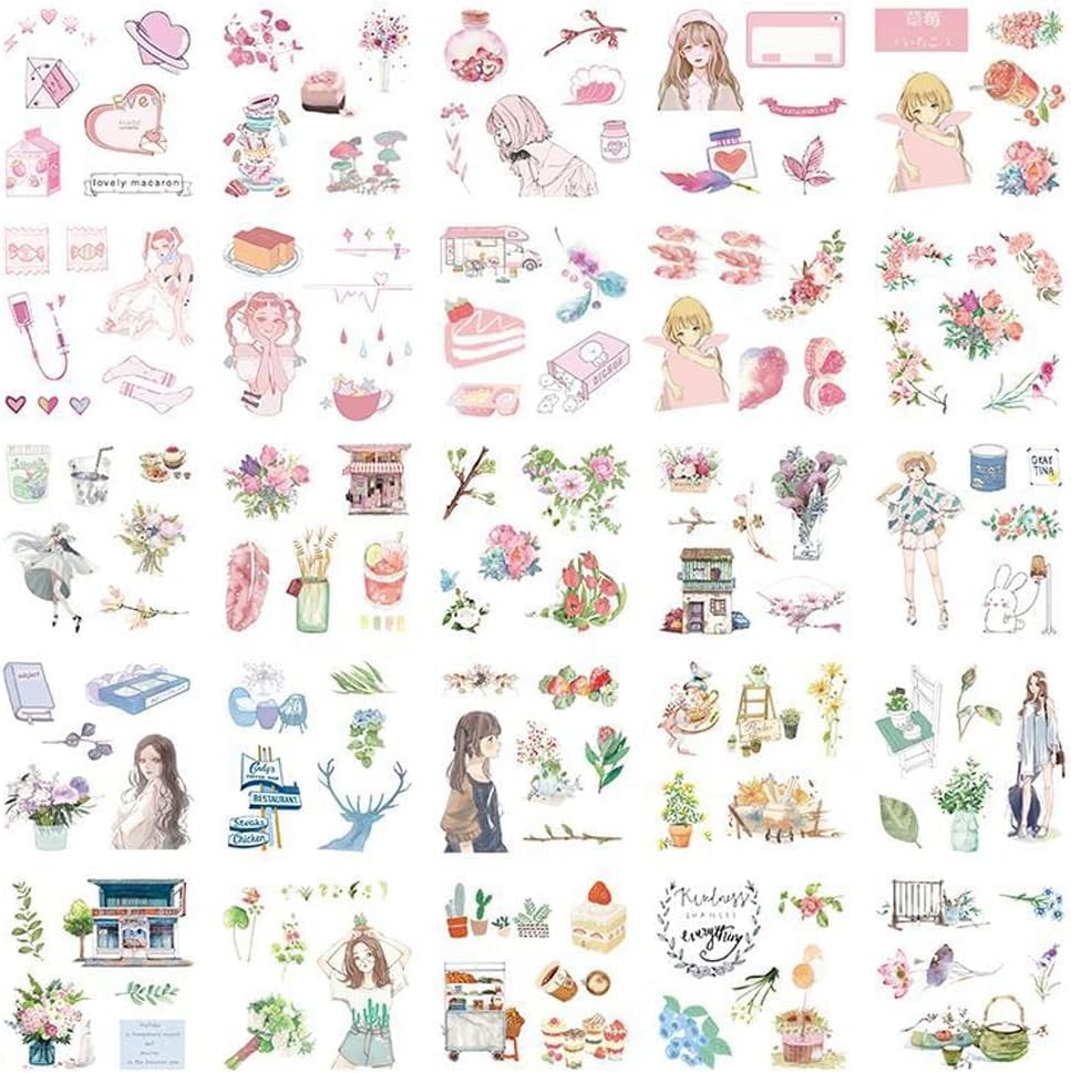 Watercolor Washi Stickers Set (50 Sheets) for Bullet Journaling - Scrapbook Self-Adhesive Sticker Decal for Junk Journal,Scrapbooking Planner, Notebook, DIY Arts Crafts