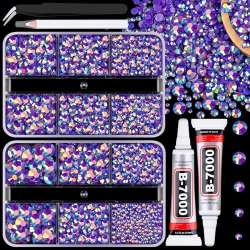 Resin Jelly Rhinestones for Crafting with B7000 Jewelry Glue, 2 Boxes Dark Purple AB Flatback Crystals with 2Pcs 10ml Glue, Bedazzling Non Hotfix Gems for DIY Tumblers Clothing Shoes Manicure