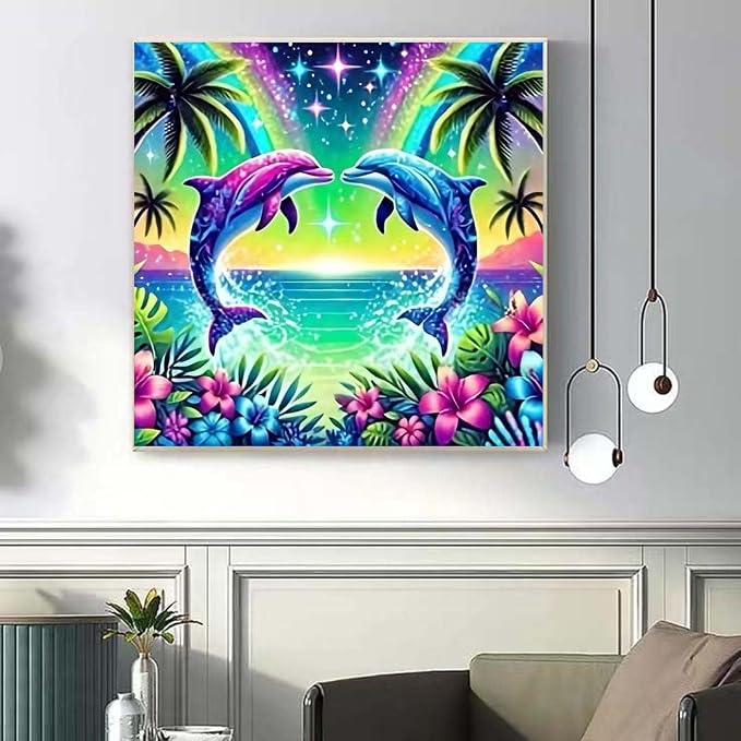 OJTOYART Dolphins Diamond Painting Kits for Adults,Cute Tropical Animals 5D Diamond Painting Kits for Beginners,DIY Round Full Drill Diamond Gem Art Crafts Paintings,Home Wall Decor 13.79X13.79Inch