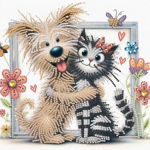 AiYuanzsh Cat and Dog Diamond Art Painting Kits for Adults, 5D Special Shape Diamond Art Kits for Beginners, Crystal Rhinestones Diamond Art Painting for Home Wall Decoration Gift 12×12 inch