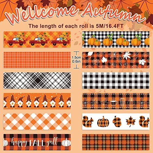 Whaline 12 Rolls Fall Plaid Washi Tapes Colorful Buffalo Plaid Autumn Pumpkin Truck Maple Leaves Gnome Pattern Masking Tape Decorative Tape for Fall Scrapbook Journal DIY Craft Gift Wrapping, 0.6Inch