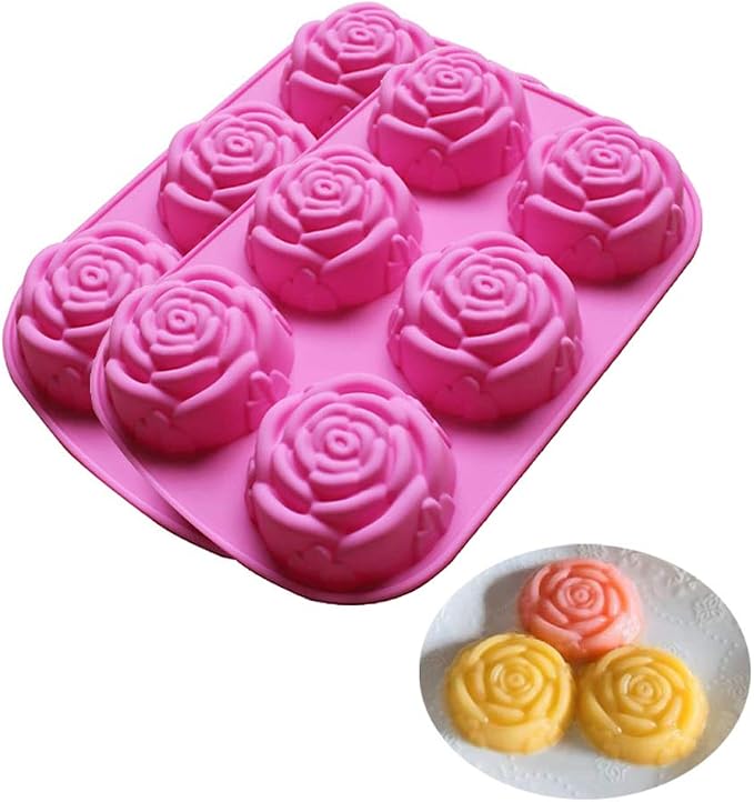 BAKER DEPOT Silicone Mold for Handmade Soap Cake Jelly Pudding Chocolate 6 Cavity Rose Flower Design, Set of 2 Pink