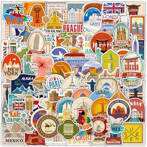 DothRayan 100Pcs World Travel Stickers Pack, Vacation Sticker Famous City Landmark Waterproof Vinyl Travel Luggage Stickers for Water Bottle Laptop Scrapbooking, Aesthetic Vintage Tourism Decals