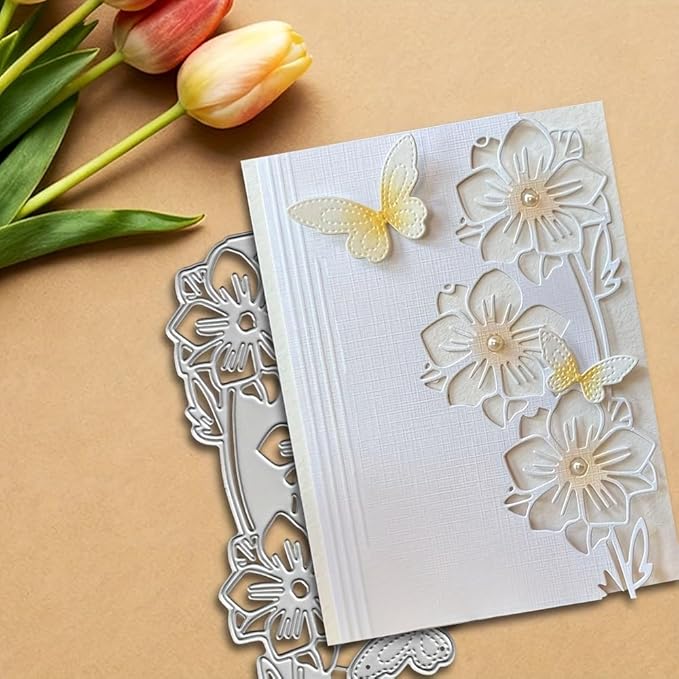 Lapoo Flowers Cutting Die for Scrapbooking - Durable Metal Cutting Die for DIY Scrapbook Photo Album Decorative Paper Card, Metal Card Making Supplies (Butterfly and Flower 5.5 x 2.7 in)