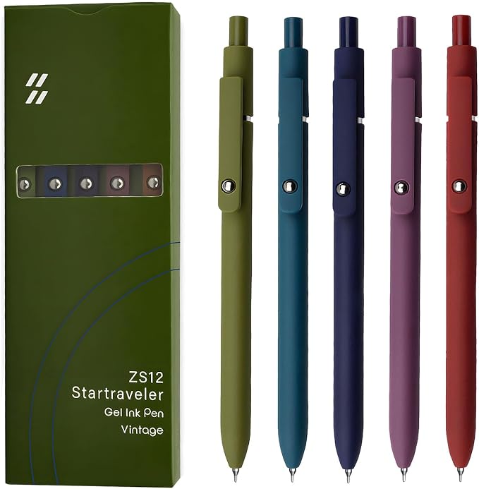 UIXJODO Gel Pens, 5 Pcs 0.5mm Black Ink Pens Fine Point Smooth Writing Pens with Silicone Grip, High-End Series Metal Clip Retractable Pens for Journaling Note Taking (Vintage)