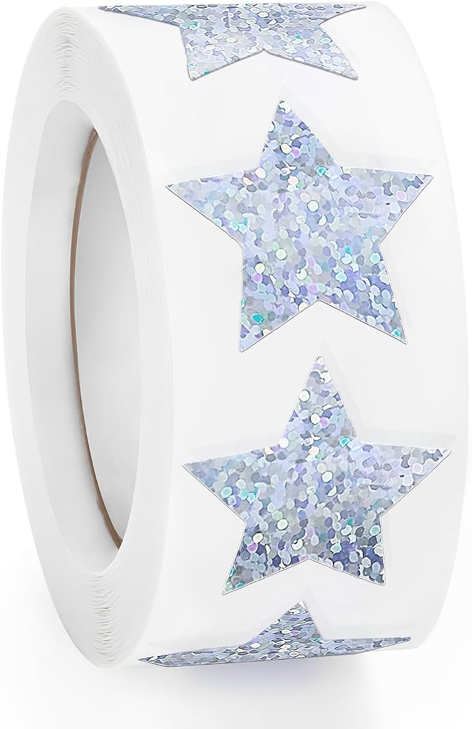 Imeepa 500PCS Holographic Sparkly Silver Star Stickers, 1" Reward Labels