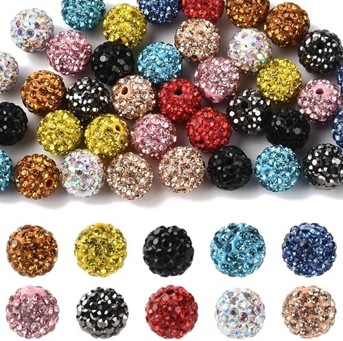 Assorted 50Pcs Disco Ball Rhinestone Polymer Clay Beads for Jewelry Making Colorful Sparkly Spacer Beads for Bracelets Necklaces Earrings Making Craft Gift